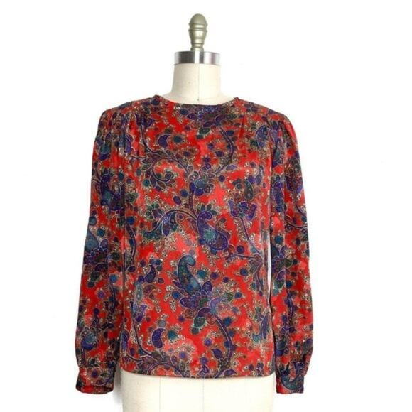 VINTAGE 80s/90s  {Nicola} Red Paisley Sateen Feminine Secretary Blouse Medium - Picture 1 of 5